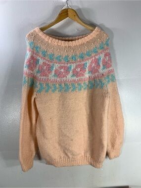 Vintage 1970s/80s Pastel Fair Isle Knit Sweater Pink Blue Floral Pattern